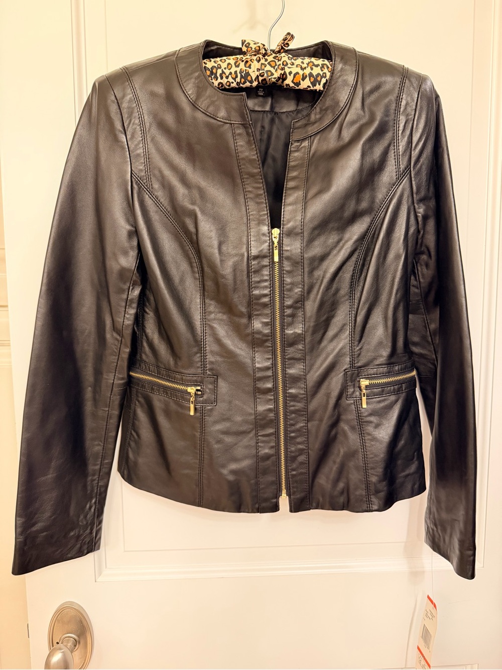 Jones New York Black Leather Zip-Front Jacket with Gold Accents - NWT